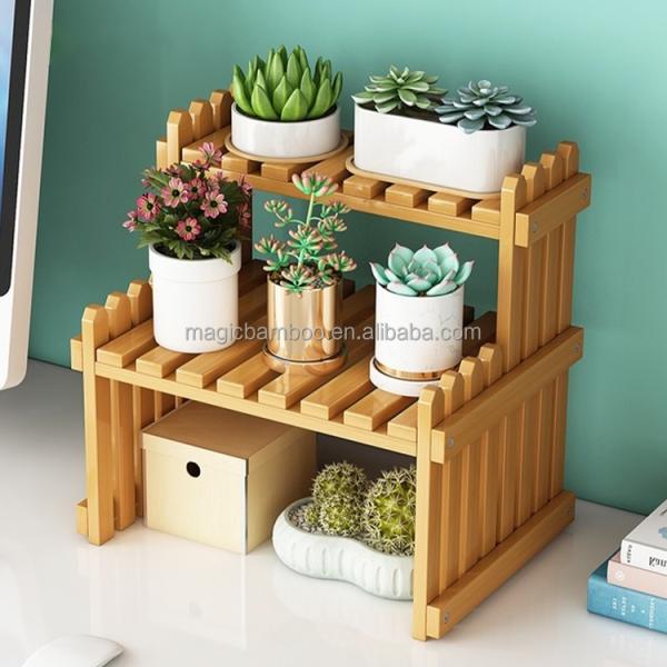 Storage Holder Container Bamboo Tabletop Plant Stand Natural 2-Layer for Small Plants