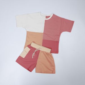 Cheap Unisex Child Patchwork Clothes 260gsm Back To School Outfits Organic Cotton Patchwork Color Tee And Short for sale