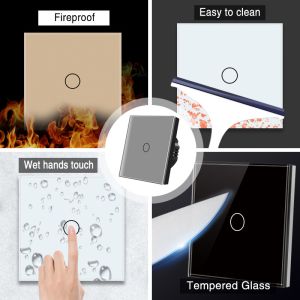 Cheap EU/UK Standard Grey Tempered Glass Panel Touch Switch Wall Sensor Power Button With Led Indicator for sale