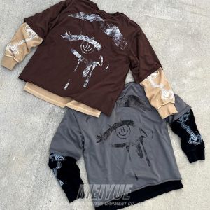 China Custom DTG Print Logo Double Layer Waffle Long Sleeve 100% Cotton Tshirt Streetwear Men Oversized Sweatshirt T Shirt for Men on sale