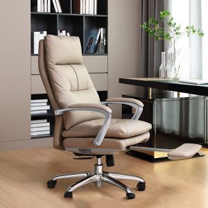 Reclining Genuine Leather Office Chair with Footrest Adjustable Height and