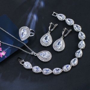 Water Drop Rhinestone Long Pendant Full Crystal Silver Plated Necklace &