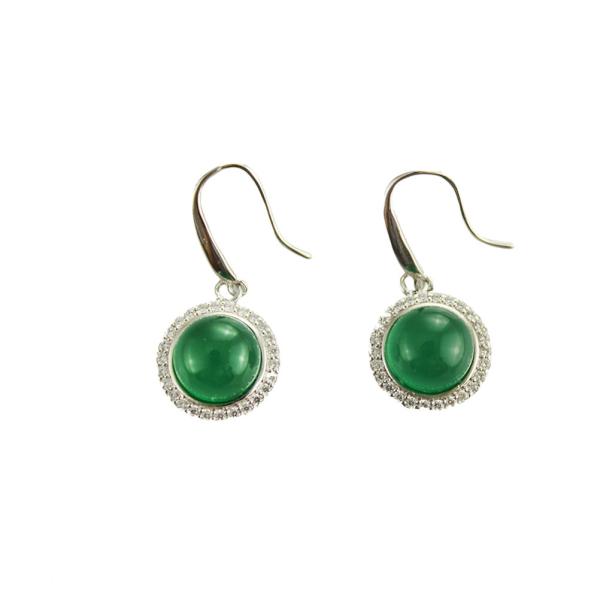 Sterling Silver 9mm Round Green Jade Cubic Zirconia Dangle Earrings( PSJ025E)