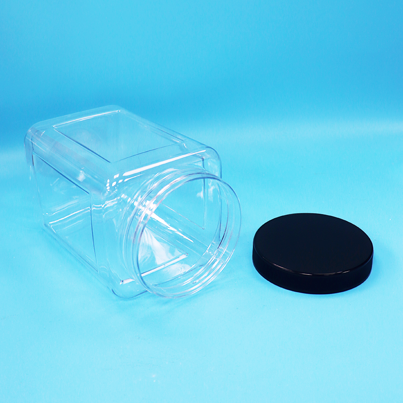 Square Shape Transparent Plastic PET Jars Black Cap For Baby Food Candy Cookies