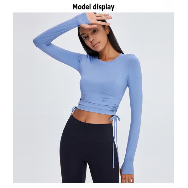 Waist Drawstring Ladies Yoga Tops T Shirts Stretchable Long Sleeve
