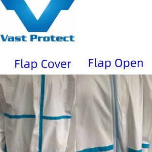 White Microporous Coverall Blue Strip Without Shoe Cover with Dust and Splash