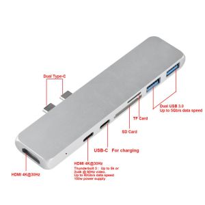 2018 Aluminum Thunderbolt 3 USB-C Hub USB Driver 7 Ports Dual Type C Hub 4K Type