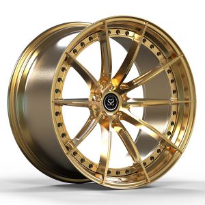 China 22x10.5 5 X112 Custom 2-PC Rims Bolt Pattern Gold Polished Barrel + Brushed Disc on sale