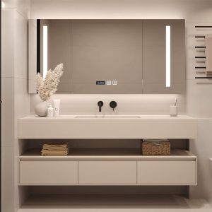Rectangle LED Mirror Cabinet with Sintered Stone Countertop and Bathroom Storage