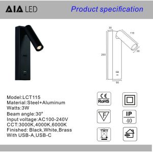 Cheap Reading wall lighting bedside led wall lamp double USB-A type-C for villa hotel headboard wall light bracket light for sale