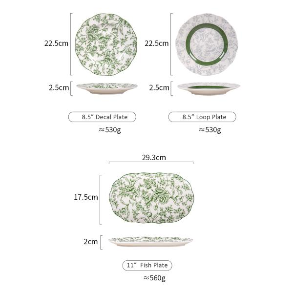 Green Floral Ceramic Plates Sets For 6 Users Exquisite Porcelain Utensils Included