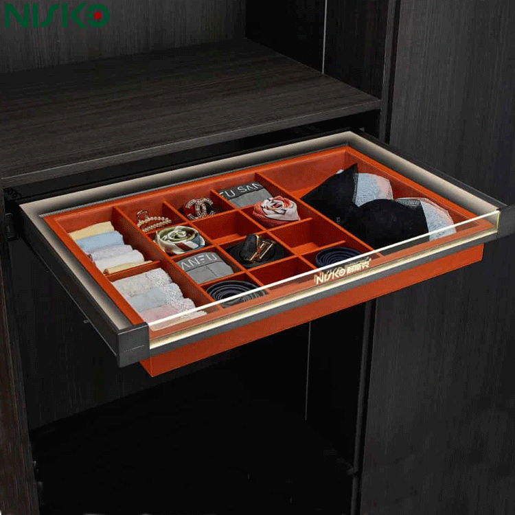 China Underwear Pull Out Wardrobe Basket Lingerie Organizer Storage Solution with Light on sale