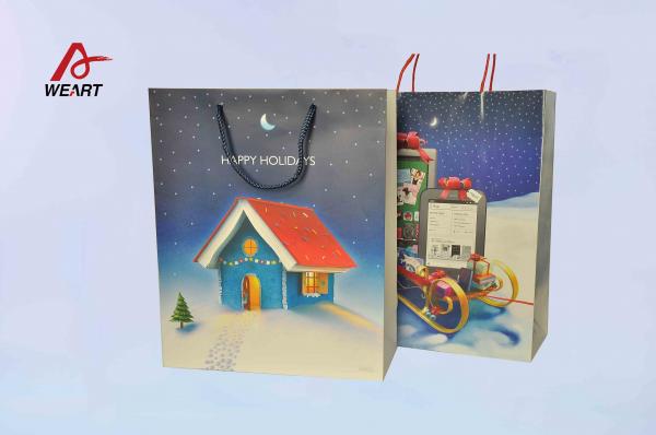 Quality Art Christmas Paper Bags , Unique Christmas Gift Bags Blue Cotton Handle wholesale