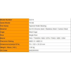 Medium Size 32211 , 32214 Tapered Roller Bearings With Cup And Cone ID 70mm OD