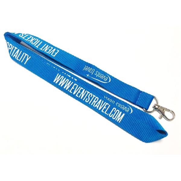 Blue Custom Polyester Lanyard Name Badge Lanyard White Logo Metal Hook For Event