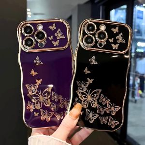 iPhone 13 girl phone case, curly wave frame, luxury plated butterfly pattern,