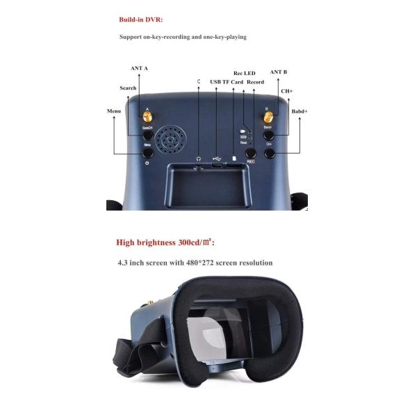 008D 4.3Inch FPV Accessories Digital DVR Diversity Goggles Dual Antenna 2000mAh