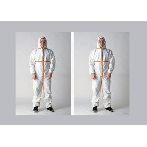 China Hooded White Disposable Coveralls , Disposable Dust Suits With Shoe Cover on sale