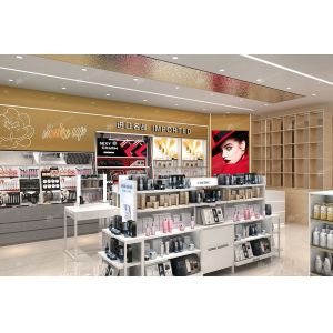 Customized Makeup Shop Interior Design White & Gold Retail Display Rack for