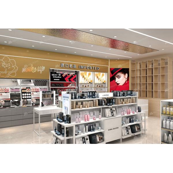 Customized Makeup Shop Interior Design White & Gold Retail Display Rack for