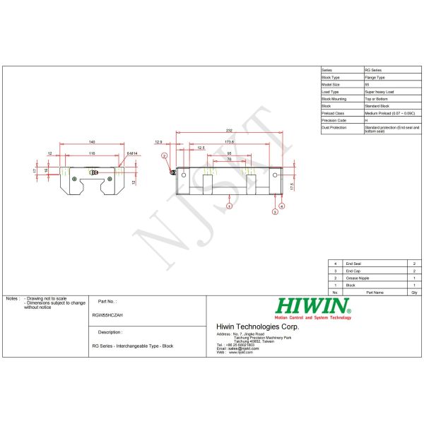 HIWIN RGW55HC Linear Guide Rail System 55mm Size Easy Installation