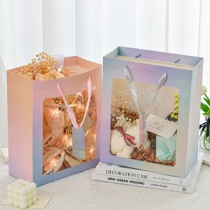 China Pastel Gradient Window Gift Bags with Ribbon Handles Transparent Floral Birthday gift on sale