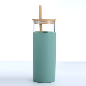 Customization 16 Oz Glass Beverage Bottles Glass Coffee Cups With Bamboo Lids