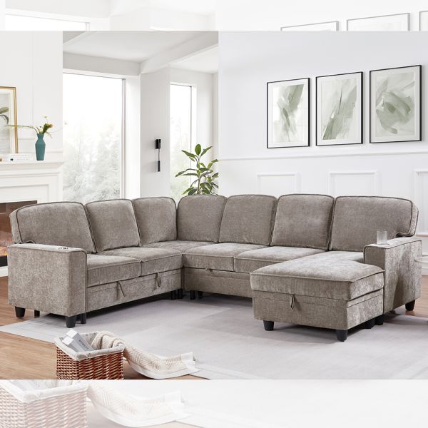 U-Shaped Sectional Sleeper Sofa with Pull Out Bed and Storage Chaise Lounge and
