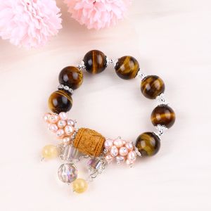 Natural 14MM Gorgeous Tiger Eye And Flower Fresh Water Pearl With Dangle Chain