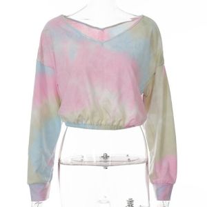 China OEM maufactory European and American  polyester new long -sleeved V -neck loose band -dyeing printed short T -shirt w on sale