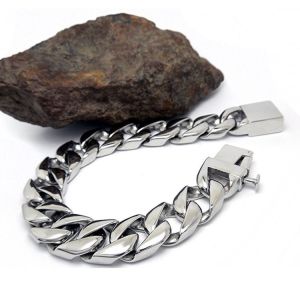 Men's Curb Link Chain Bracelet 316l Titanium Stainless Steel 15mm Width Silver