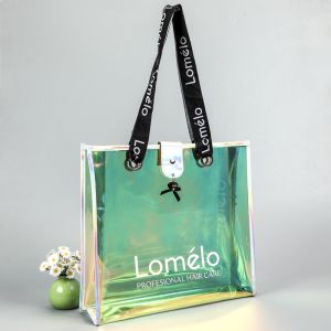 sustainable recyclable Holographic Clear Tote Bag With Leather Handle Iridescent