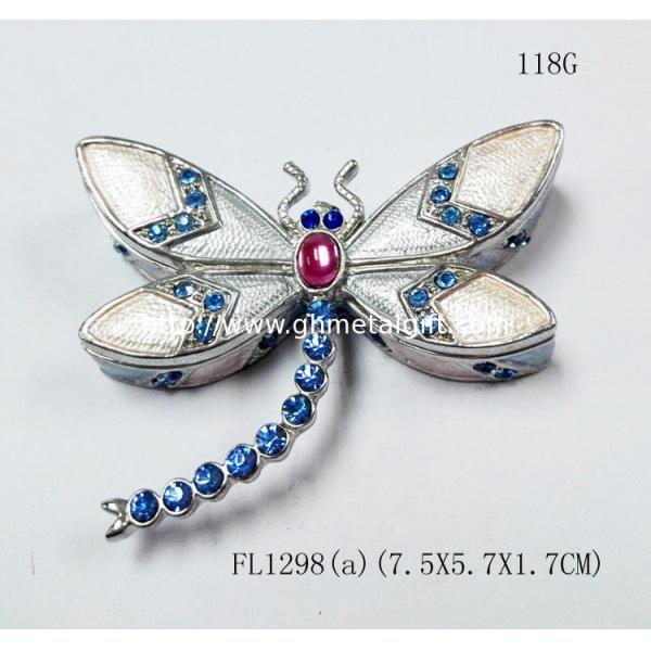 Trinket jewelry box, dargonfly diamond decoration pink pewter jewelry box