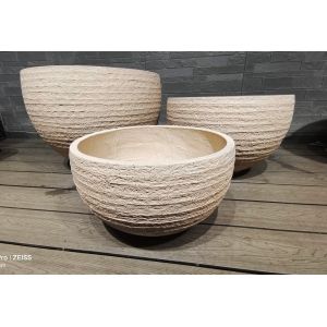 Round Fiber Clay Planter Natural Rustic Style Light Beige Striped Layered Effect