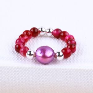 4mm Handmade Gemstone Beaded Ring Adjustable Elastic Rose Red Tiger's Eye Stone
