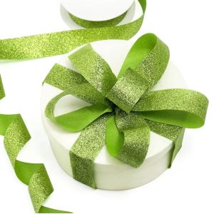 Christmas Polyester Sparkle Green Glitter Ribbon For Gift Wrapping with