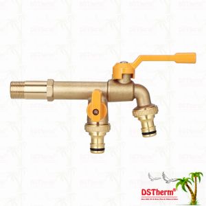 China Long Spoute Heavy-duty Brass Double Outlet Tap Extension Tap Brass Bibcock 1/2*3/4*3/4 on sale