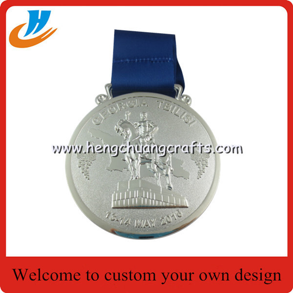 Quality 3D Embossed Die cast Award medals, Highly Detailed 3D silver metal medal with ribbon wholesale