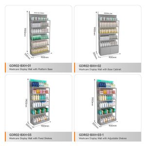 Makeup Shop Shelf Grey Oiled Wooden Board Skincare Back Cabinet With Light Box