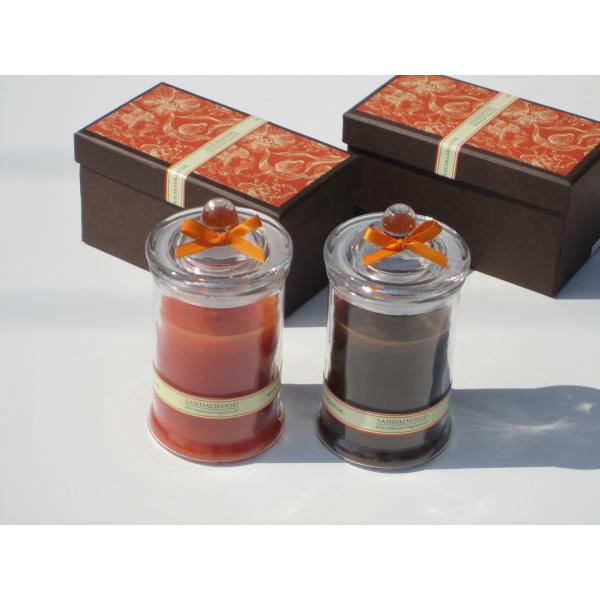 Orange & Brown scented glass jar candle with printed label,ribbon decor packed