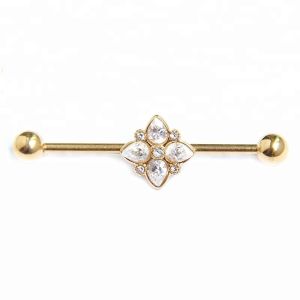 China Gold plated piercing clear gems industrial barbell surgical steel on sale