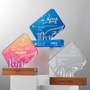 Custom UV Printing Acrylic Award With Wood Base , Cast Plexiglass Plaques OEM
