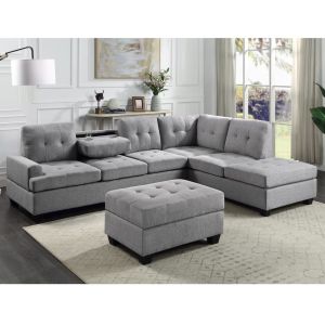 L Shaped Sectional Sofa with Dropdown Table and Reversible Chaise and Storage