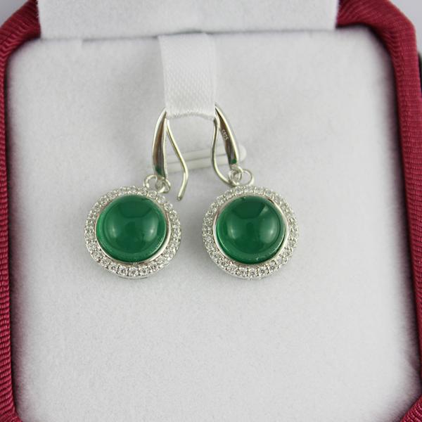 Sterling Silver 9mm Round Green Jade Cubic Zirconia Dangle Earrings( PSJ025E)