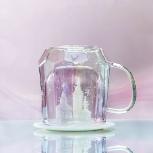 Pink Borosilicate Double Wall Personalized Glass Cup Castle Shape 300ml
