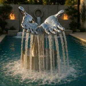 Large Modern Stainless Steel Mirror-Finish Hands Fountain Sculpture