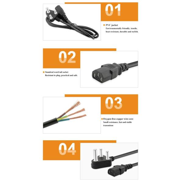 PVC Jacket 220v South Africa Grow Light Power Cord , 3 Pin AC Power Cord