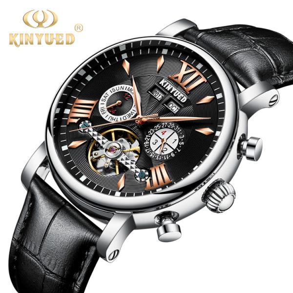 Quality Silver Case Skeleton Mechanical Watch  Leather Strap Calendar Display wholesale