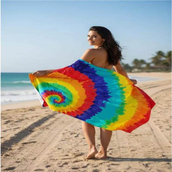 Colorful tie-dye beach towel made with quick-dry microfiber and sand-free smooth