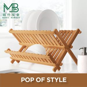 Bamboo 2-Layer Foldable Dish Storage Rack For Kitchen Countertops